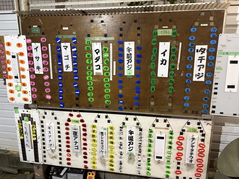 釣り物ごとの番号札ボード。乗船したい釣り座の札を取る